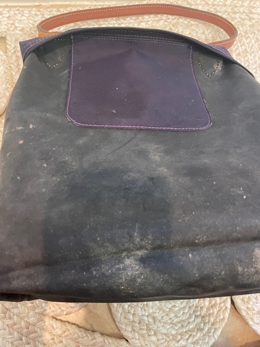 Long champ Navy Blue Tote Bag with Brown Trim - Classic Everyday Carry - Picture 7 of 9